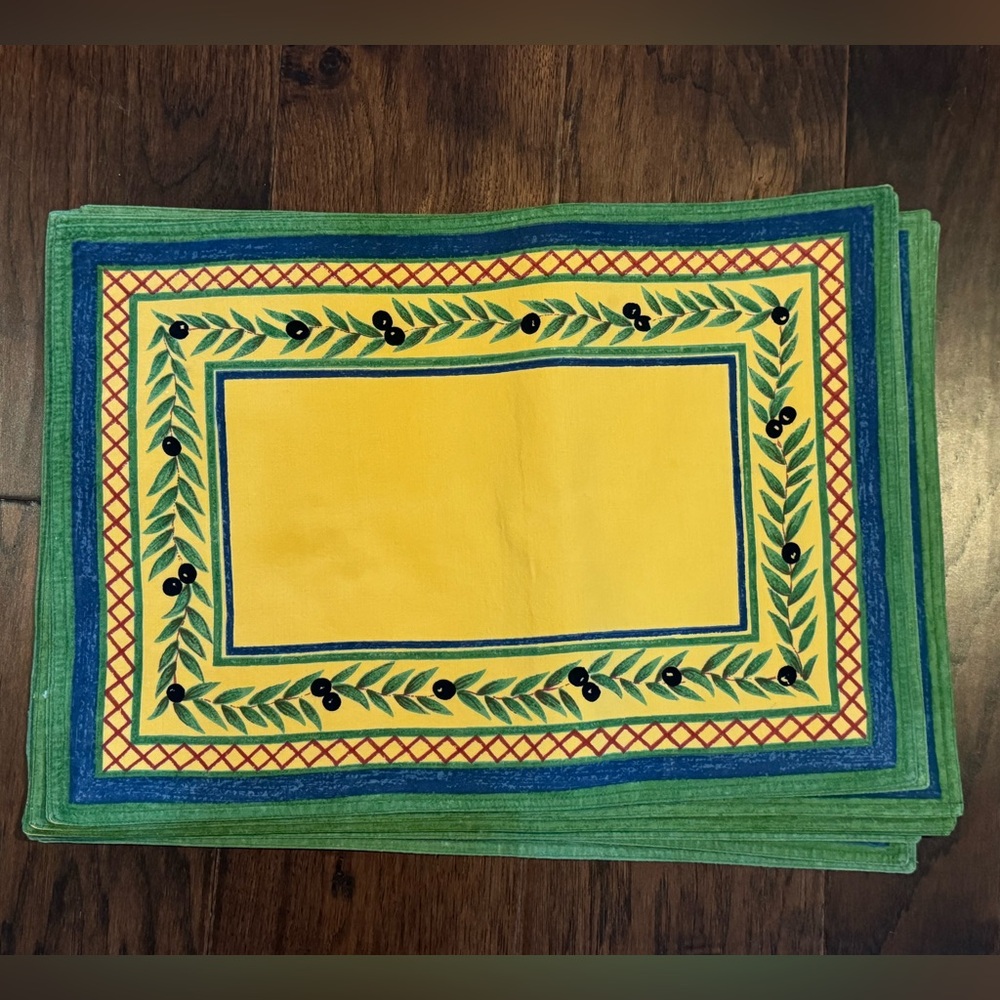 Set of 11 Williams-Sonoma cotton placemats, Yellow w/ blue green olive border